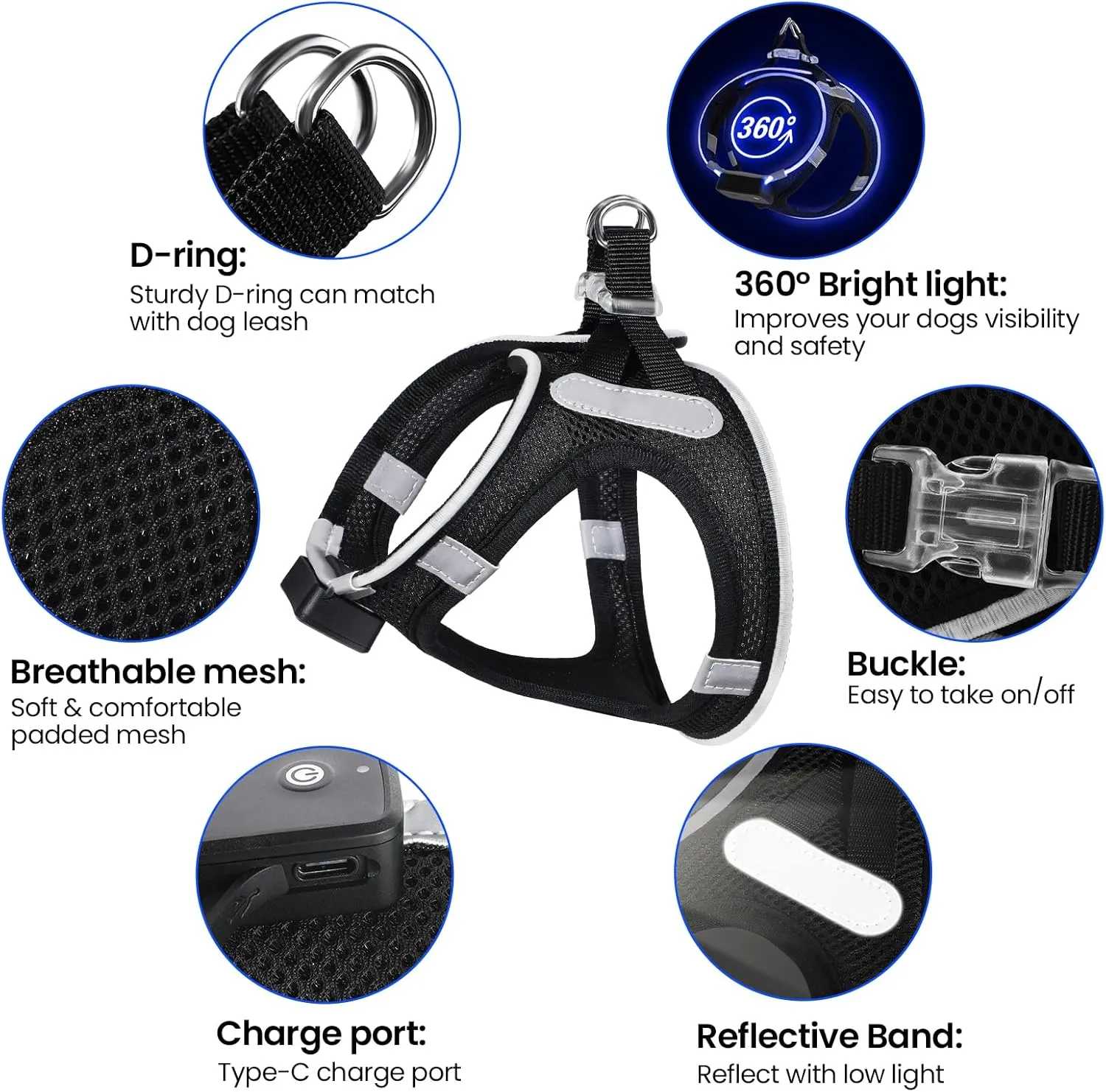 PceoTllar Light Up Dog Harness, LED No Pull Reflective Dog Harness, Flashing Lighted for Night Walking - Small/Medium, (Black Blue,xs)