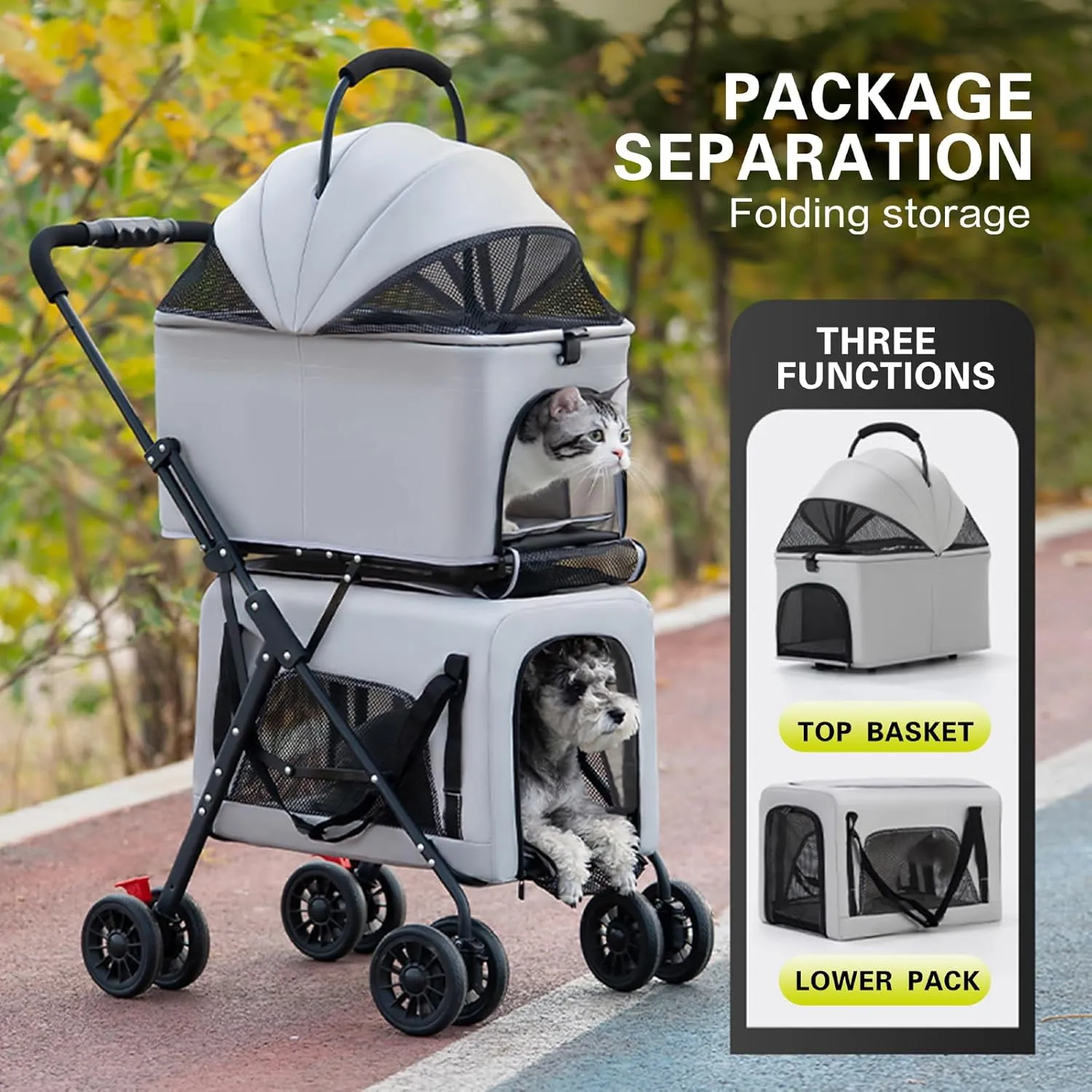 Pet Stroller Double Deck 4 Wheels Withe Rain Cover - Easy-Fold Dog Cat Stroller for Small Medium Dog Cats Carrier, Travel Folding Carrier Breathable and Visible Mesh with Cup HolderGray