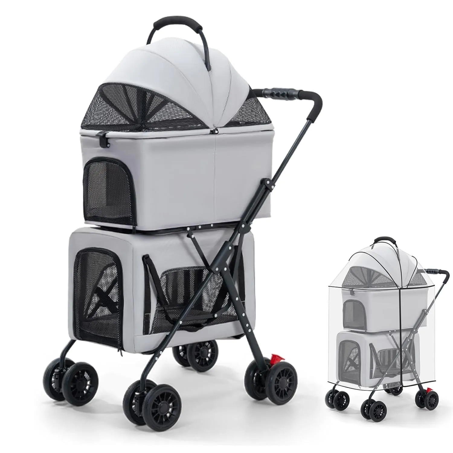 Pet Stroller Double Deck 4 Wheels Withe Rain Cover - Easy-Fold Dog Cat Stroller for Small Medium Dog Cats Carrier, Travel Folding Carrier Breathable and Visible Mesh with Cup HolderGray