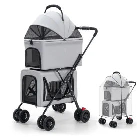 Pet Stroller Double Deck 4 Wheels Withe Rain Cover - Easy-Fold Dog Cat Stroller for Small Medium Dog Cats Carrier, Travel Folding Carrier Breathable and Visible Mesh with Cup HolderGray
