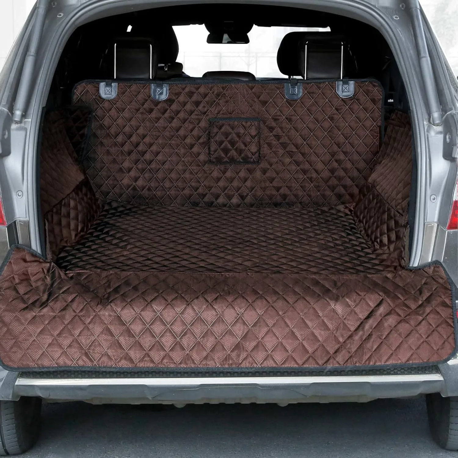PETICON SUV Cargo Liner for Dogs, Waterproof Pet Cargo Cover Dog Seat Mat for SUVs Sedans Vans with Bumper Flap Protector, Non-Slip, Large Size Universal Fit, Brown
