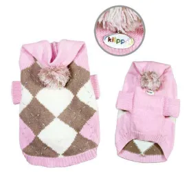 Pink Argyle Pattern Hoodie Dog Sweater With Pom Pom By Klippo