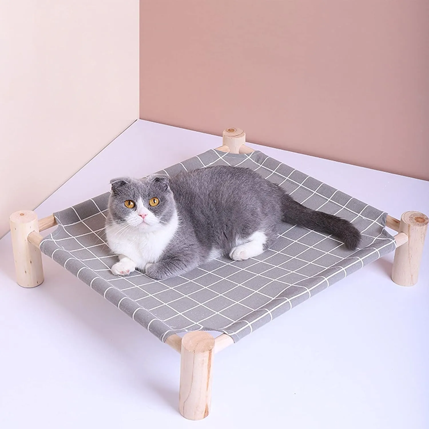 Pozico Elevated Cat Bed for Small Dogs & Cats  Raised Pet Hammock Bed, Wooden Frame Indoor Outdoor Dog Cot, Breathable Mesh Puppy Bed, Portable Cat Lounger  Grey Grid