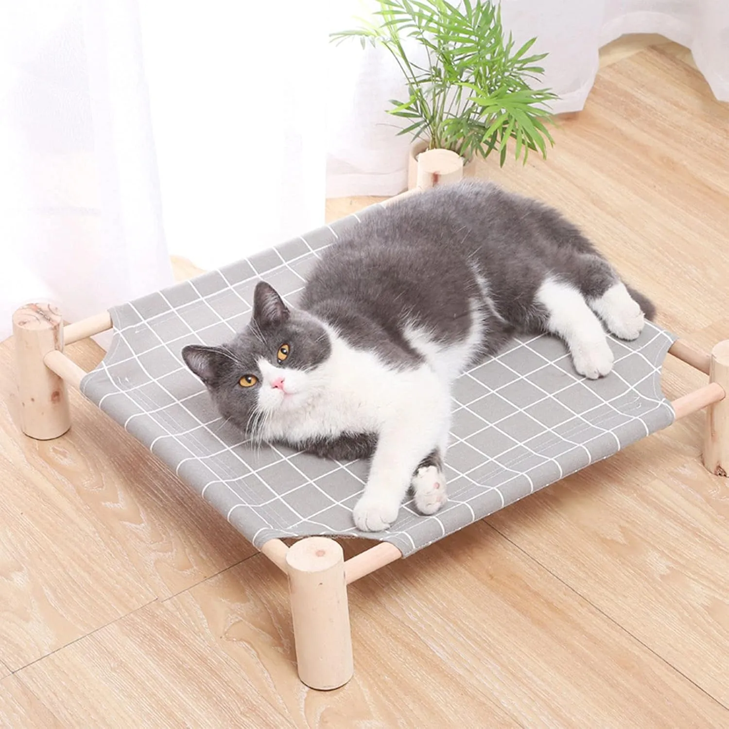 Pozico Elevated Cat Bed for Small Dogs & Cats  Raised Pet Hammock Bed, Wooden Frame Indoor Outdoor Dog Cot, Breathable Mesh Puppy Bed, Portable Cat Lounger  Grey Grid