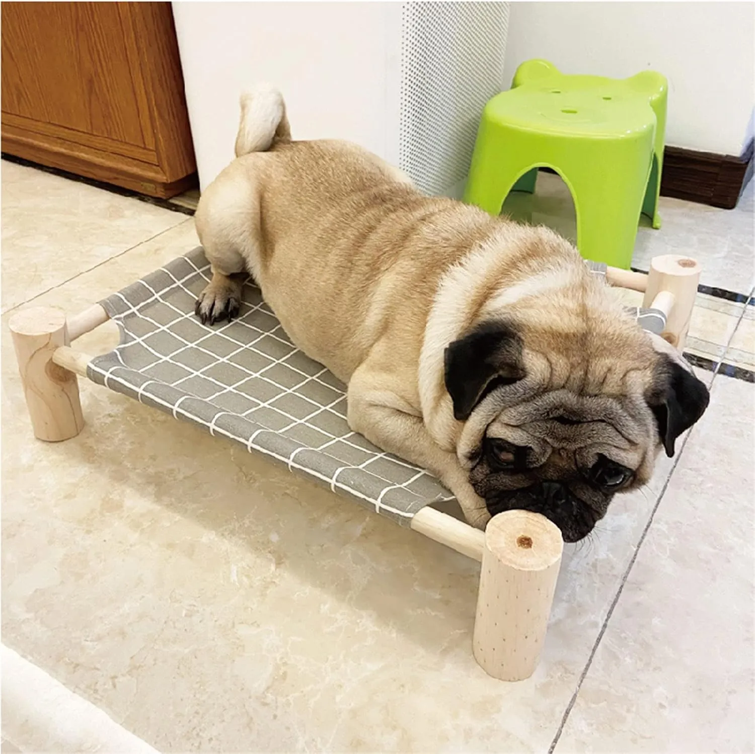 Pozico Elevated Cat Bed for Small Dogs & Cats  Raised Pet Hammock Bed, Wooden Frame Indoor Outdoor Dog Cot, Breathable Mesh Puppy Bed, Portable Cat Lounger  Grey Grid