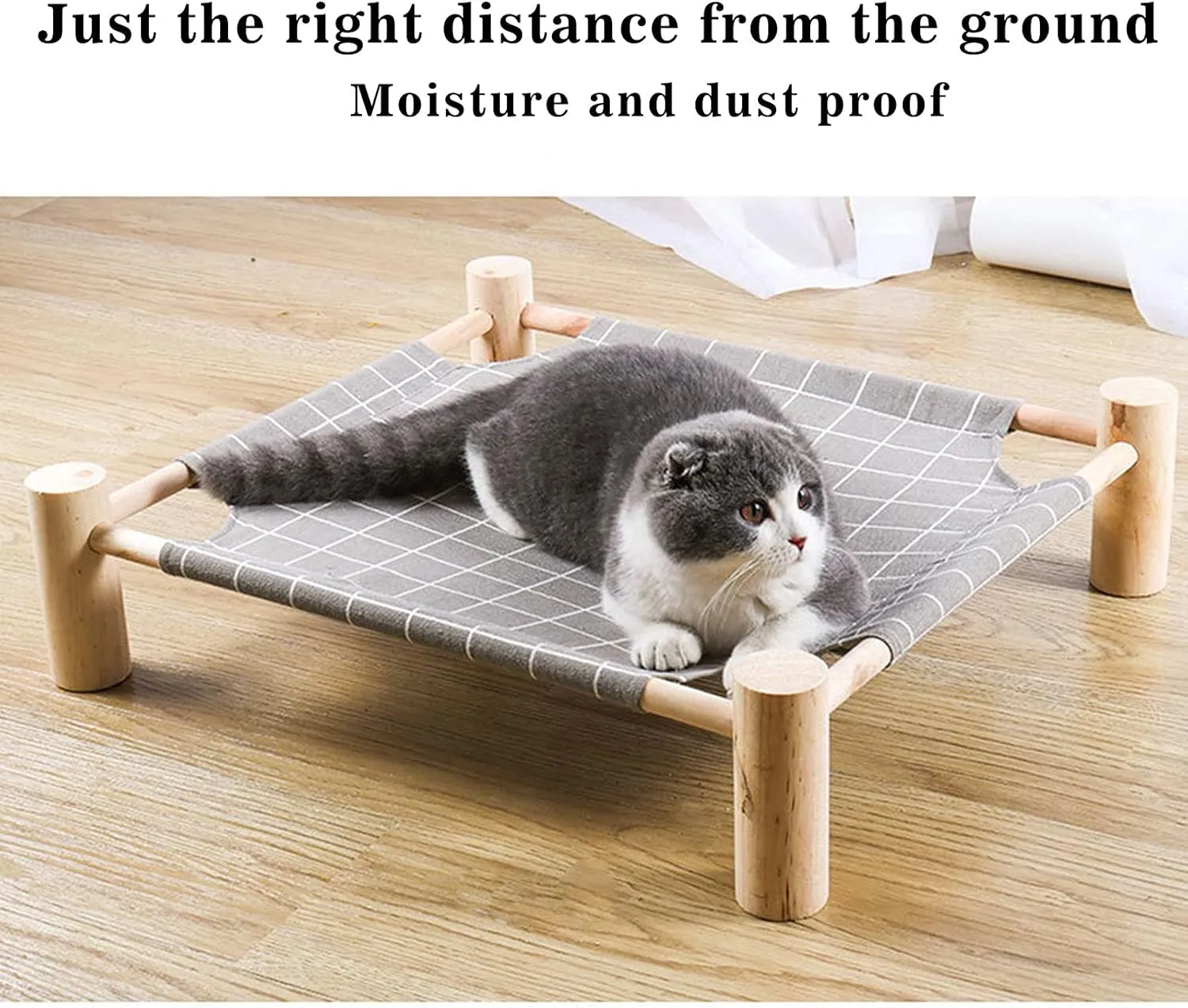Pozico Elevated Cat Bed for Small Dogs & Cats  Raised Pet Hammock Bed, Wooden Frame Indoor Outdoor Dog Cot, Breathable Mesh Puppy Bed, Portable Cat Lounger  Grey Grid