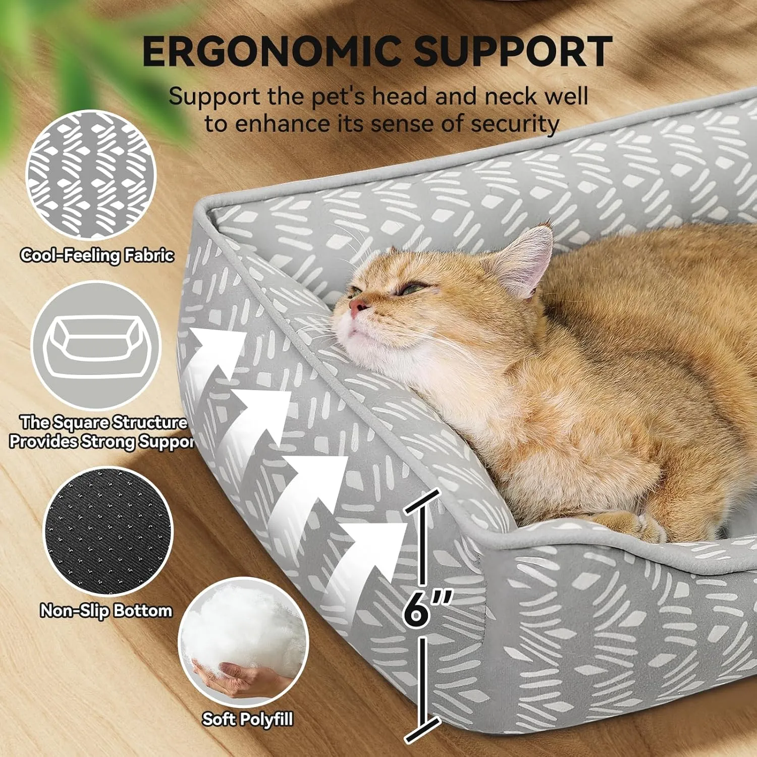 Rectangle Cat Dog Bed for Large Medium Small Pets Indoor Outdoor Machine Washable Sleeping Sofa Non-Slip Bottom Soft Puppy Bed Durable Orthopedic Calming Pet Cuddler (Small, Grey Pattern)