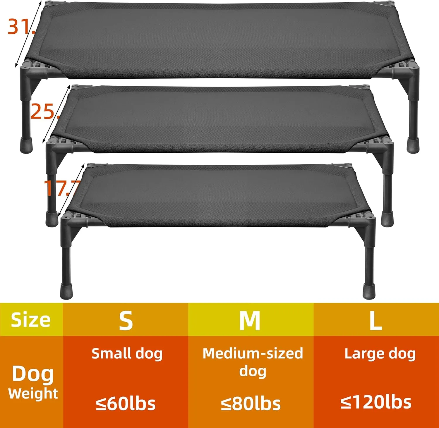 Soft Mesh Elevated Pet Bed for Large Medium Dogs Outdoor Resting Cot with Water-Resistant, Air-Permeable, Cooling and Anti-Skid Portable Dog Bed, Up to 80 lbs,33.3" L x 25.2" W x 6.9" H, Black