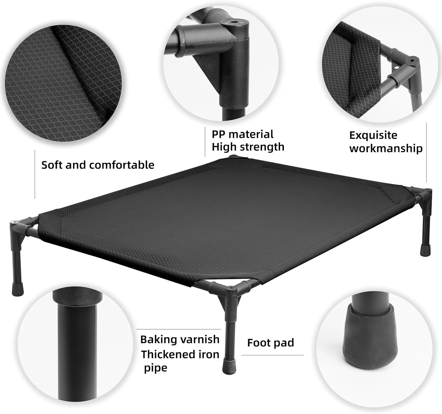 Soft Mesh Elevated Pet Bed for Large Medium Dogs Outdoor Resting Cot with Water-Resistant, Air-Permeable, Cooling and Anti-Skid Portable Dog Bed, Up to 80 lbs,33.3" L x 25.2" W x 6.9" H, Black