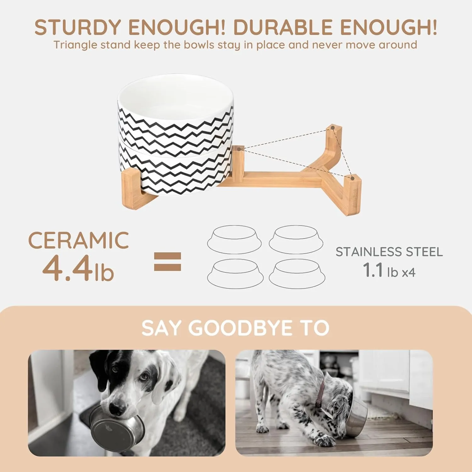 SPUNKYJUNKY Ceramic Dog and Cat Bowl Set with Wooden Stand, Modern Cute Weighted Food Water Bowl Set for Medium Size Dogs (3.6 Cups, 2  Wavy-White)