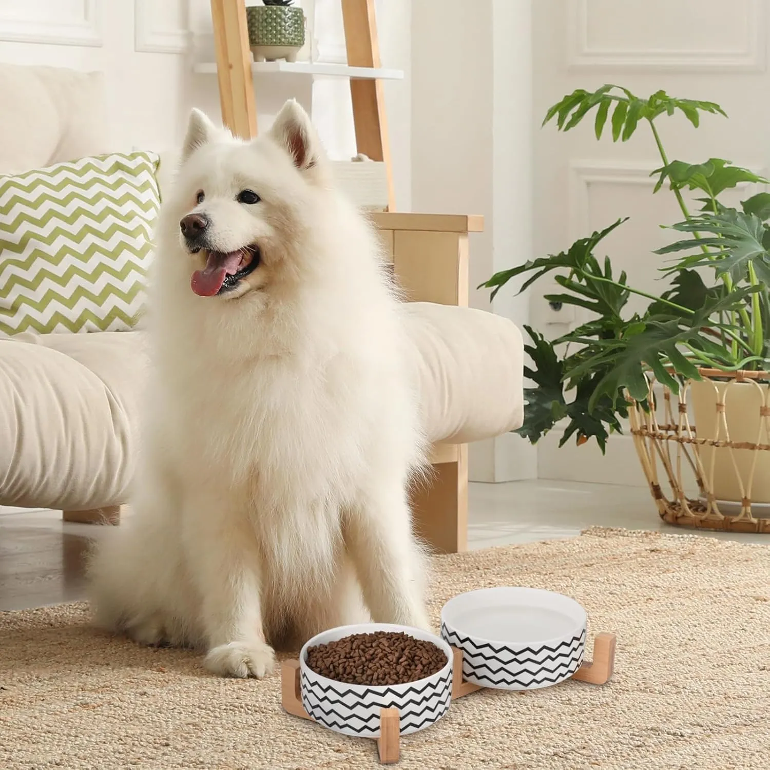 SPUNKYJUNKY Ceramic Dog and Cat Bowl Set with Wooden Stand, Modern Cute Weighted Food Water Bowl Set for Medium Size Dogs (3.6 Cups, 2  Wavy-White)