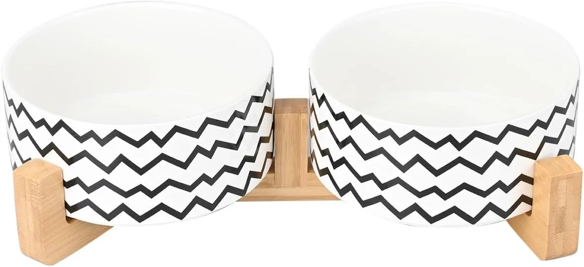 SPUNKYJUNKY Ceramic Dog and Cat Bowl Set with Wooden Stand, Modern Cute Weighted Food Water Bowl Set for Medium Size Dogs (3.6 Cups, 2  Wavy-White)