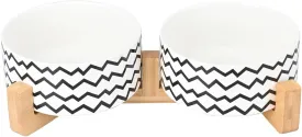 SPUNKYJUNKY Ceramic Dog and Cat Bowl Set with Wooden Stand, Modern Cute Weighted Food Water Bowl Set for Medium Size Dogs (3.6 Cups, 2  Wavy-White)