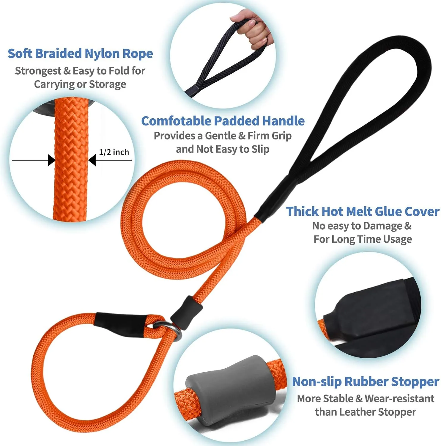 Strong Slip Rope Dog Training Leash (4ft) - Heavy Duty Durable Braided Nylon Lead with Rubber Stopper & Padded Handle - Large Medium Small Dogs No Pull Walk Leash (Orange, 1/2" x 4ft)