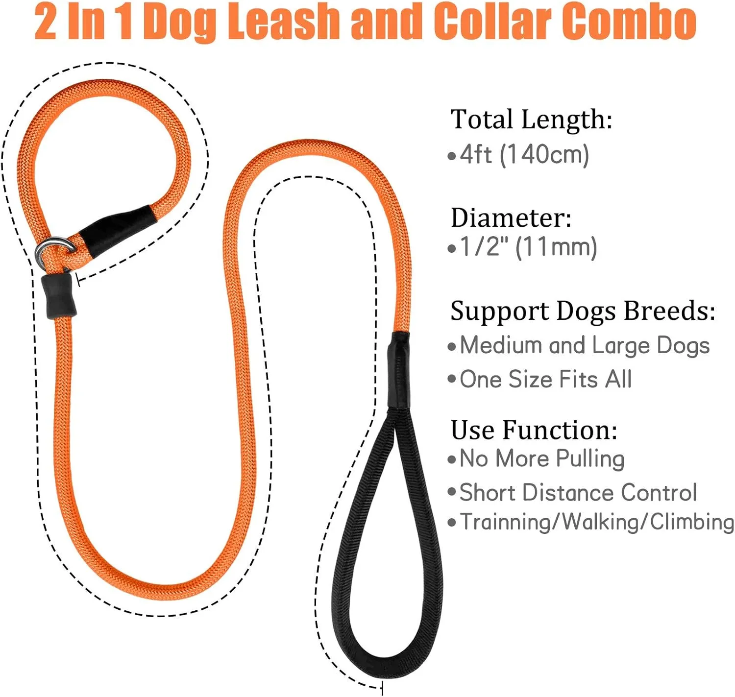 Strong Slip Rope Dog Training Leash (4ft) - Heavy Duty Durable Braided Nylon Lead with Rubber Stopper & Padded Handle - Large Medium Small Dogs No Pull Walk Leash (Orange, 1/2" x 4ft)
