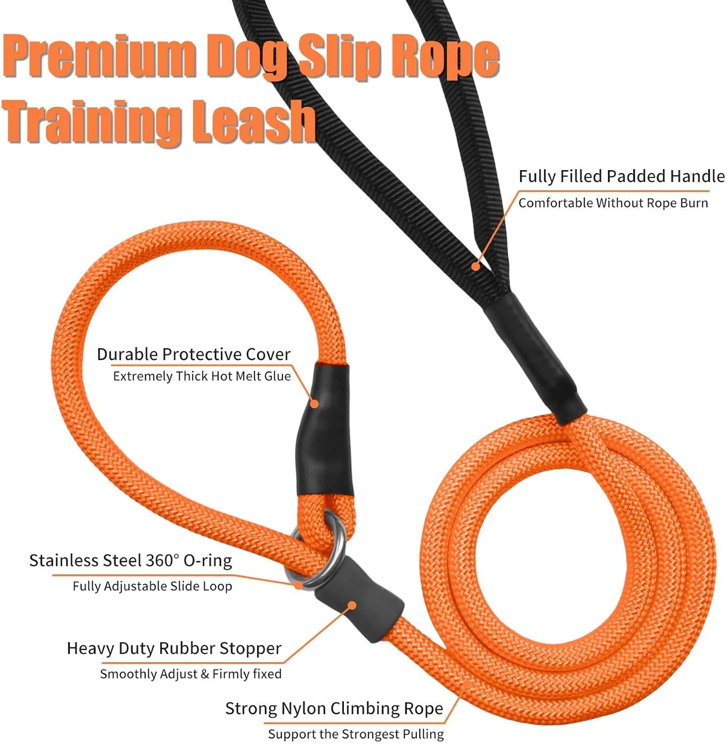 Strong Slip Rope Dog Training Leash (4ft) - Heavy Duty Durable Braided Nylon Lead with Rubber Stopper & Padded Handle - Large Medium Small Dogs No Pull Walk Leash (Orange, 1/2" x 4ft)