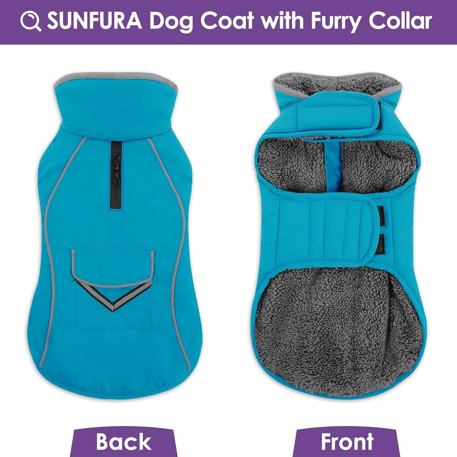 SUNFURA Medium Dog Coat - Reflective Puffer Jacket with Fleece Lining for Cold Weather, Turtleneck Dog Snowsuit with Leash Hole, Turquoise M