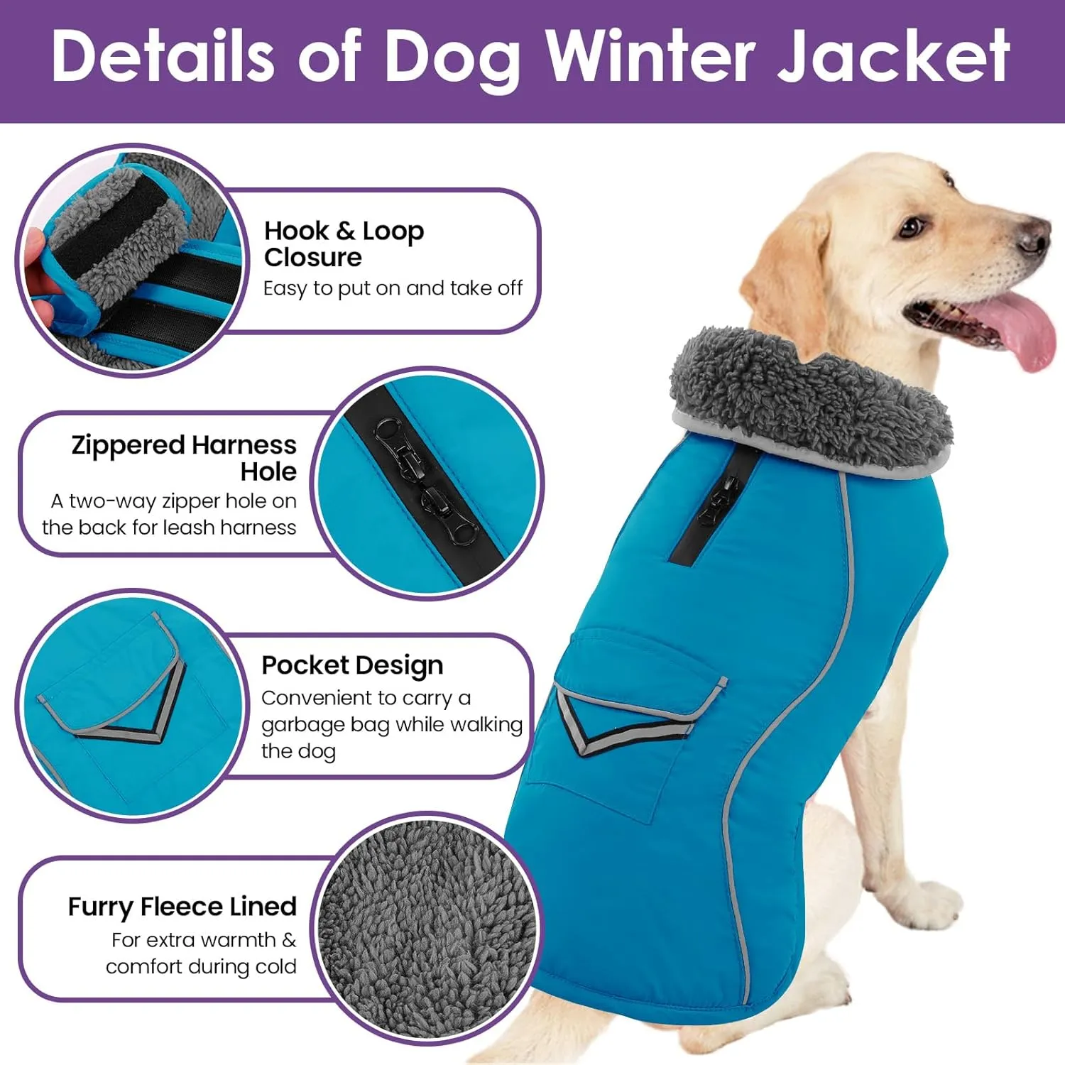 SUNFURA Medium Dog Coat - Reflective Puffer Jacket with Fleece Lining for Cold Weather, Turtleneck Dog Snowsuit with Leash Hole, Turquoise M