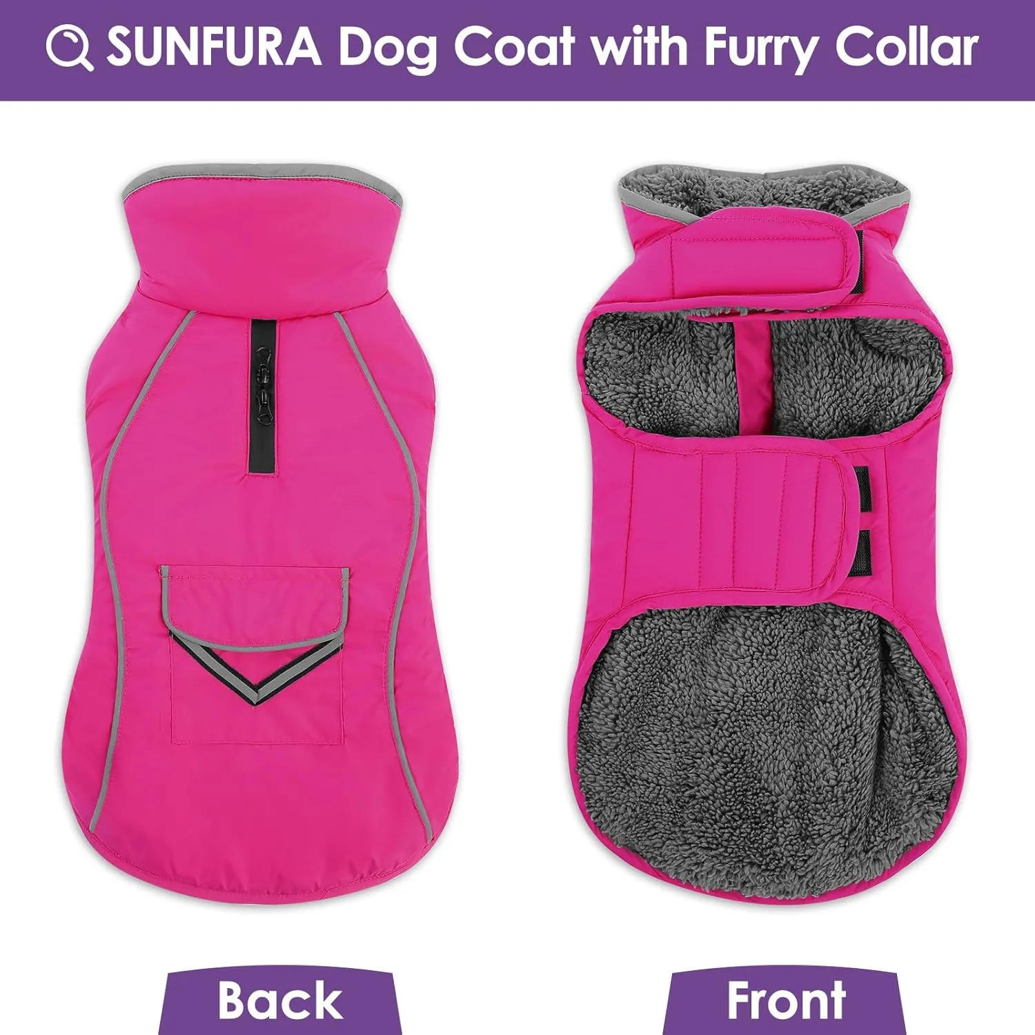 SUNFURA Winter Coat for Medium Dogs - Reflective Jacket With Fleece Lining, Turtleneck Snowsuit, Leash Hole - Warm Puffer for Cold Weather - Hot Pink M