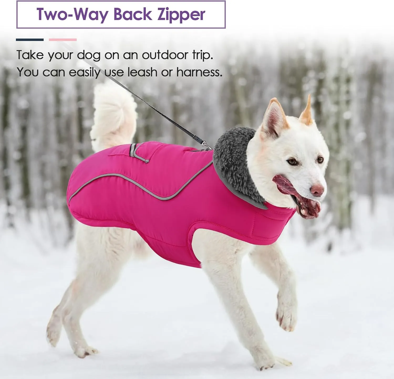 SUNFURA Winter Coat for Medium Dogs - Reflective Jacket With Fleece Lining, Turtleneck Snowsuit, Leash Hole - Warm Puffer for Cold Weather - Hot Pink M