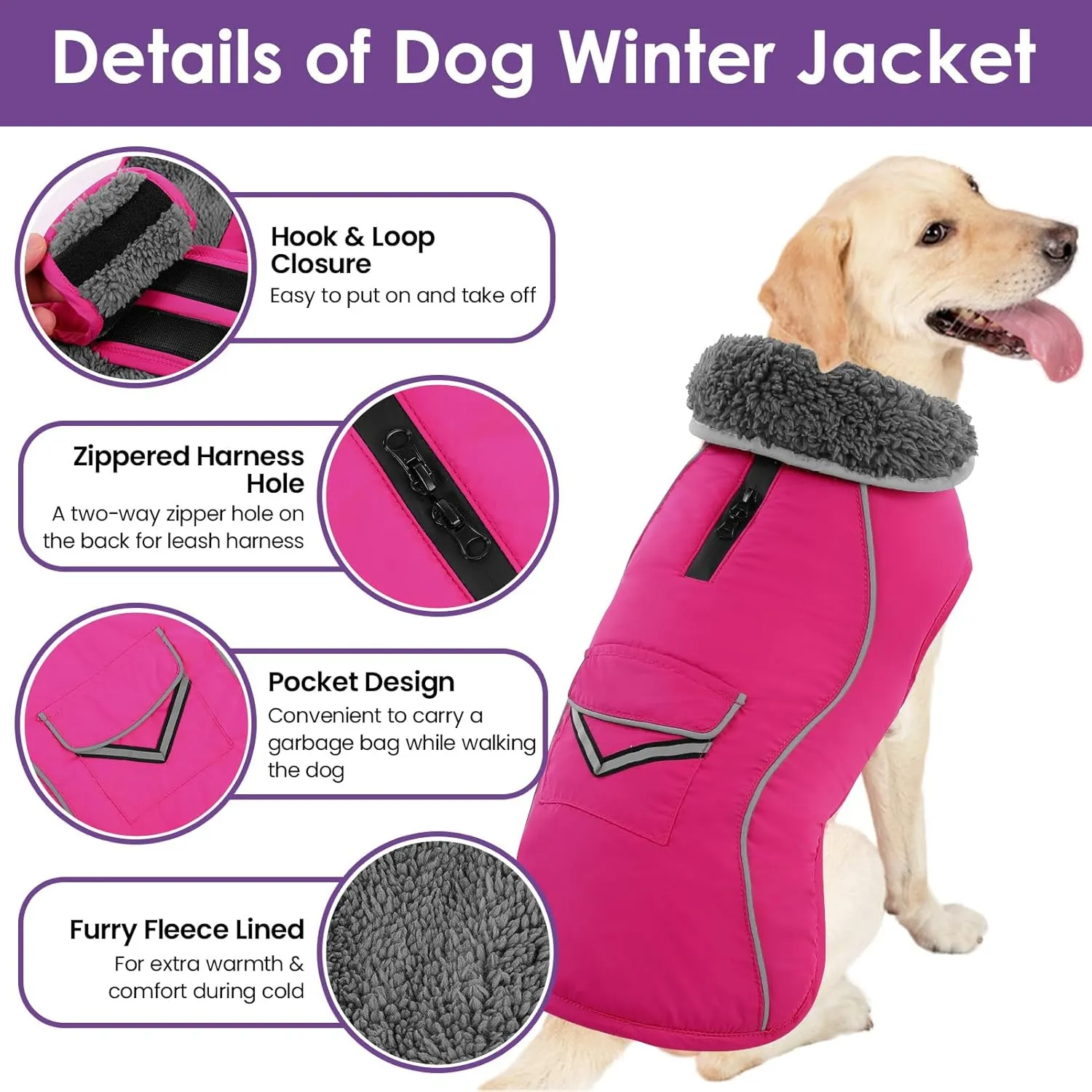 SUNFURA Winter Coat for Medium Dogs - Reflective Jacket With Fleece Lining, Turtleneck Snowsuit, Leash Hole - Warm Puffer for Cold Weather - Hot Pink M