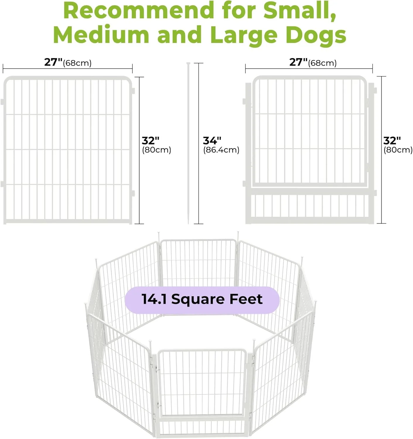 SunsGrove Indoor Dog Playpen with Wider Door, 32 inch 8 Panels Non Slip Dog Pen Indoor, Anti Rust Dog Fence, Free and Safe Play, White