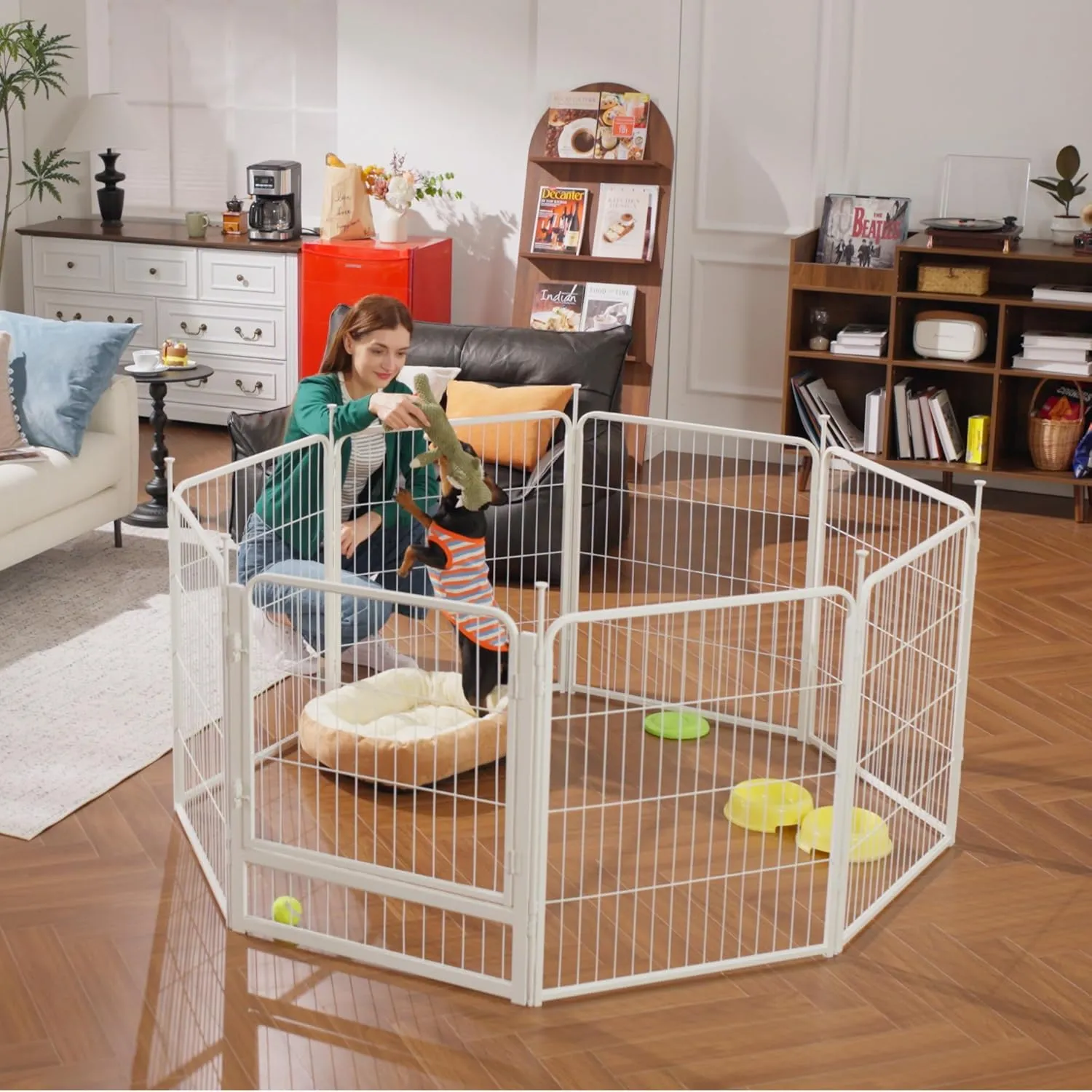 SunsGrove Indoor Dog Playpen with Wider Door, 32 inch 8 Panels Non Slip Dog Pen Indoor, Anti Rust Dog Fence, Free and Safe Play, White