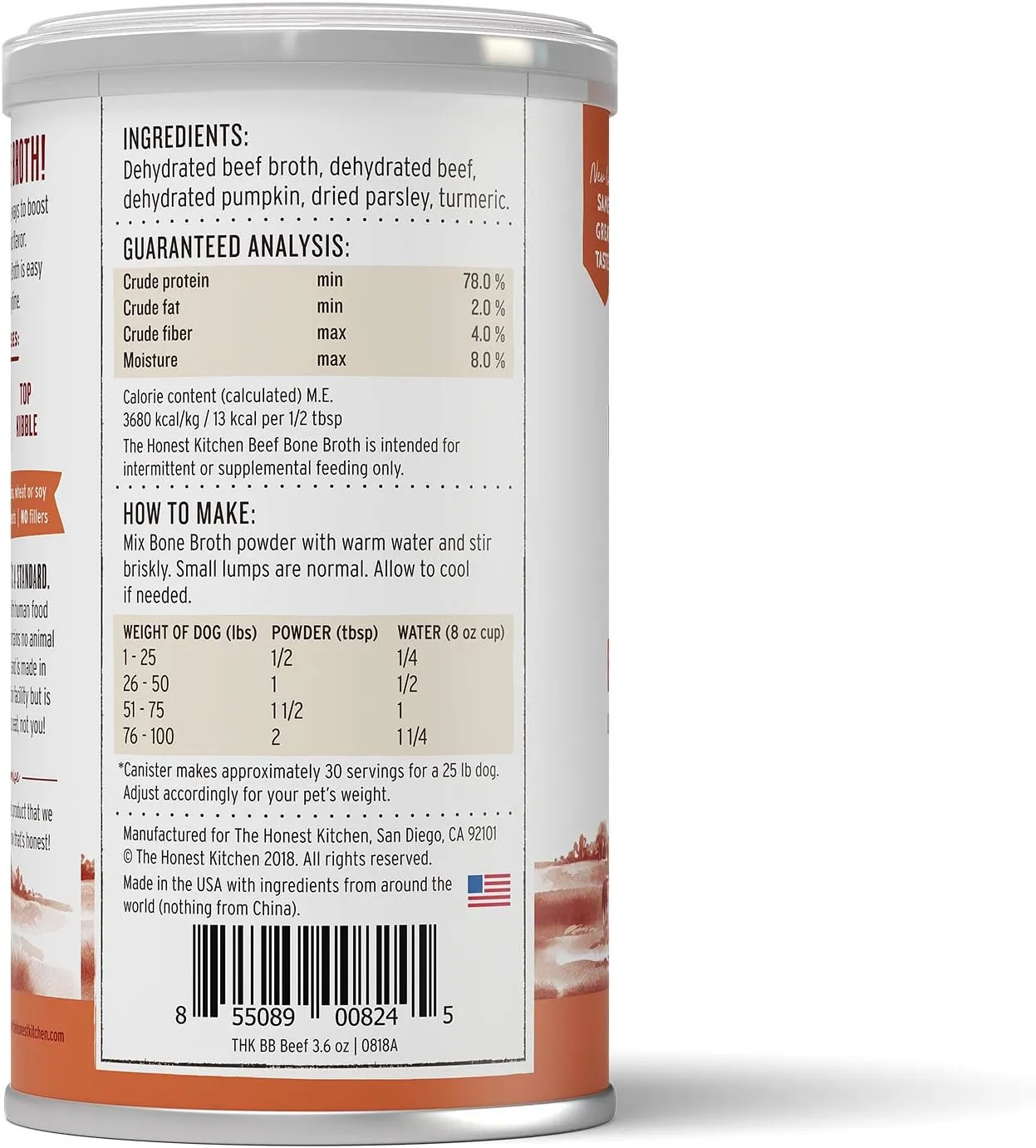 The Honest Kitchen Human Grade Daily Boosts Instant Beef Bone Broth with Turmeric for Dogs 3.6 Ounces
