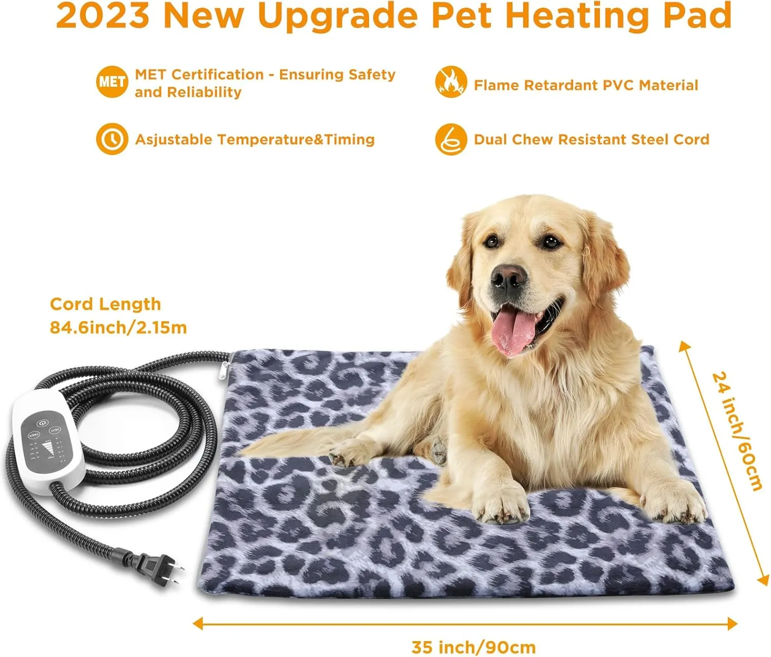 Tikaton MET Certified Pet Heating Pad, 2025 New Upgrade Heated Cat Bed Indoor with Auto Shut Off Timer, 6 Temperature Adjustable Pet Heating Pads (L: 35" x 24", BlackLeopard)