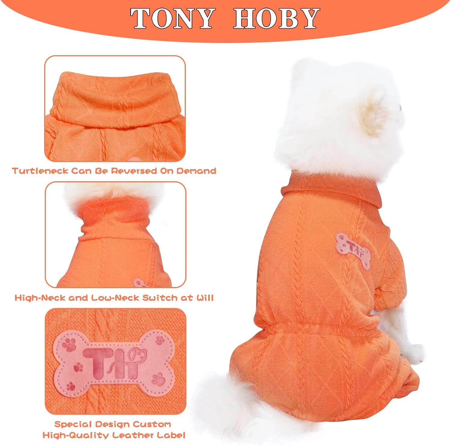 TONY HOBY Dog Sweater, Knitted 4 Legged Warm Dog Shirt for Small Medium (Orange, L)