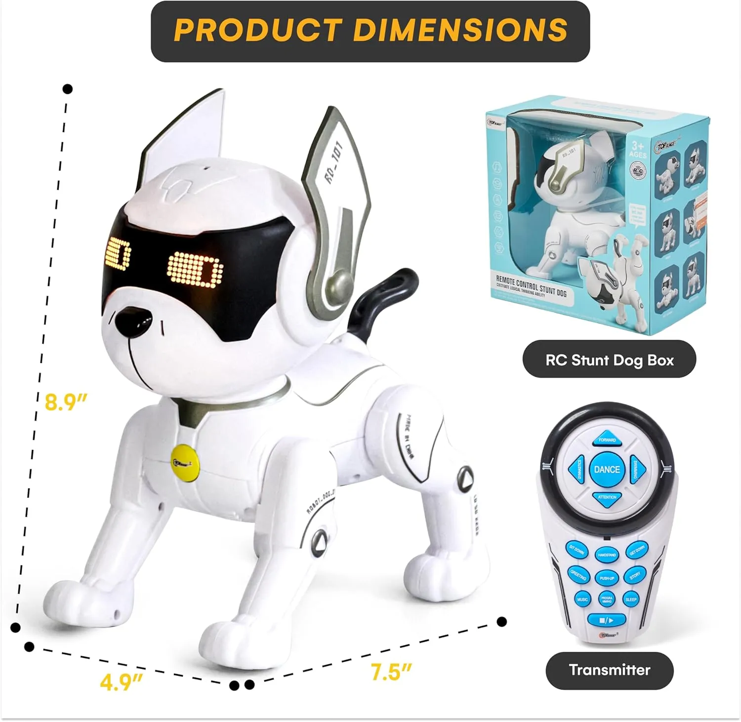 Top Race Robot Dog - Interactive RC Dog Toy with Gesture & Adventure Modes, Programming Treats, Rechargeable - White