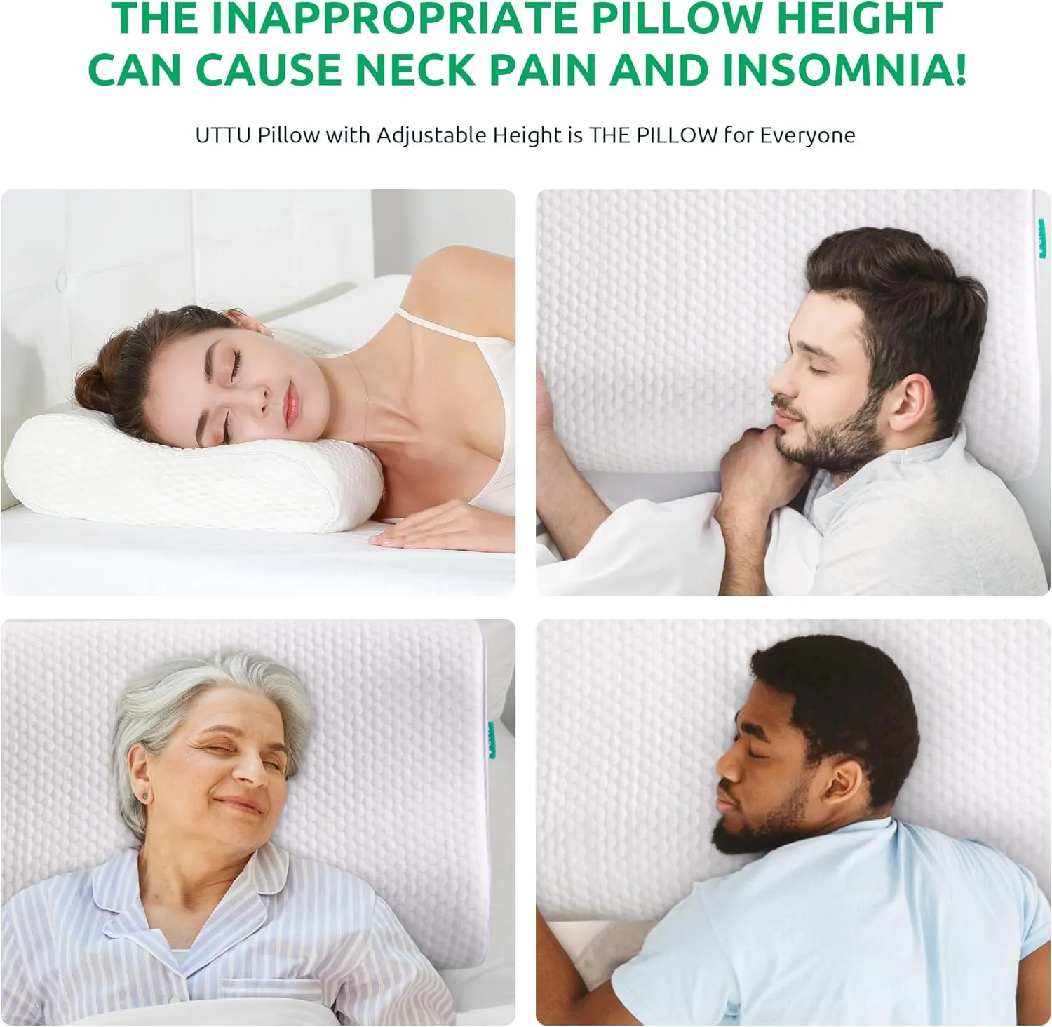 UTTU Cervical Pillow for Neck Strain Relief, Memory Foam Neck Pillow for Sleeping, Adjustable Orthopedic Sandwich Pillow, Contour Cooling for Side Back Stomach Sleeper, King(27.6"15.7"4.7"/3.9")