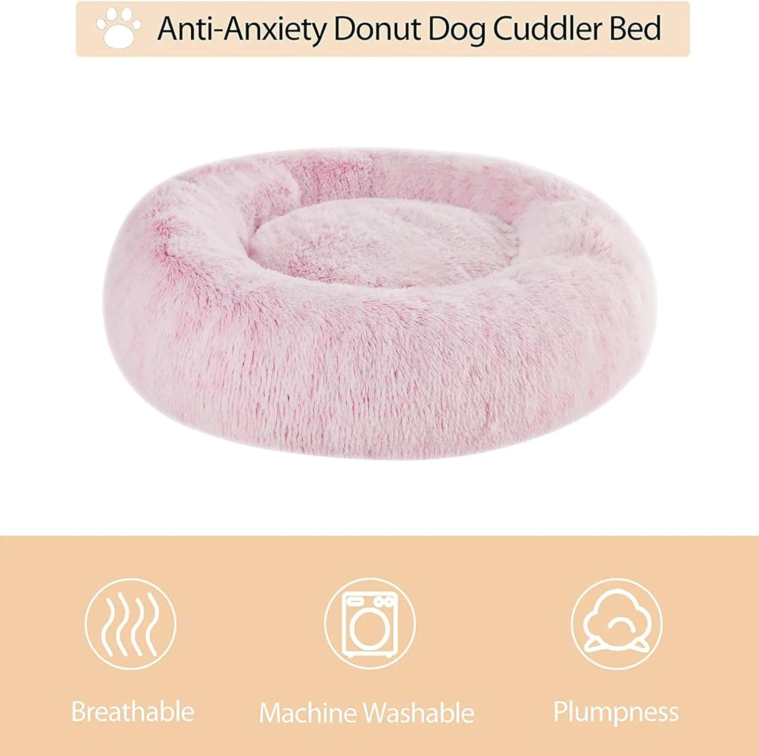 WNPETHOME Calming Dog Bed Cat Bed Donut, Faux Fur Pet Bed Self-Warming Donut Cuddler, Comfortable Round Plush Dog Beds (30 x 30 x 10 Inch, Light Pink)
